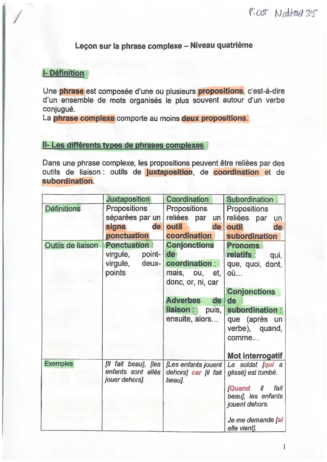 Leçon sur la phrase complexe - Niveau quatrième
1- Définition
Une phrase est composée d'une ou plusieurs propositions, c'est-à-dire
d'un ens