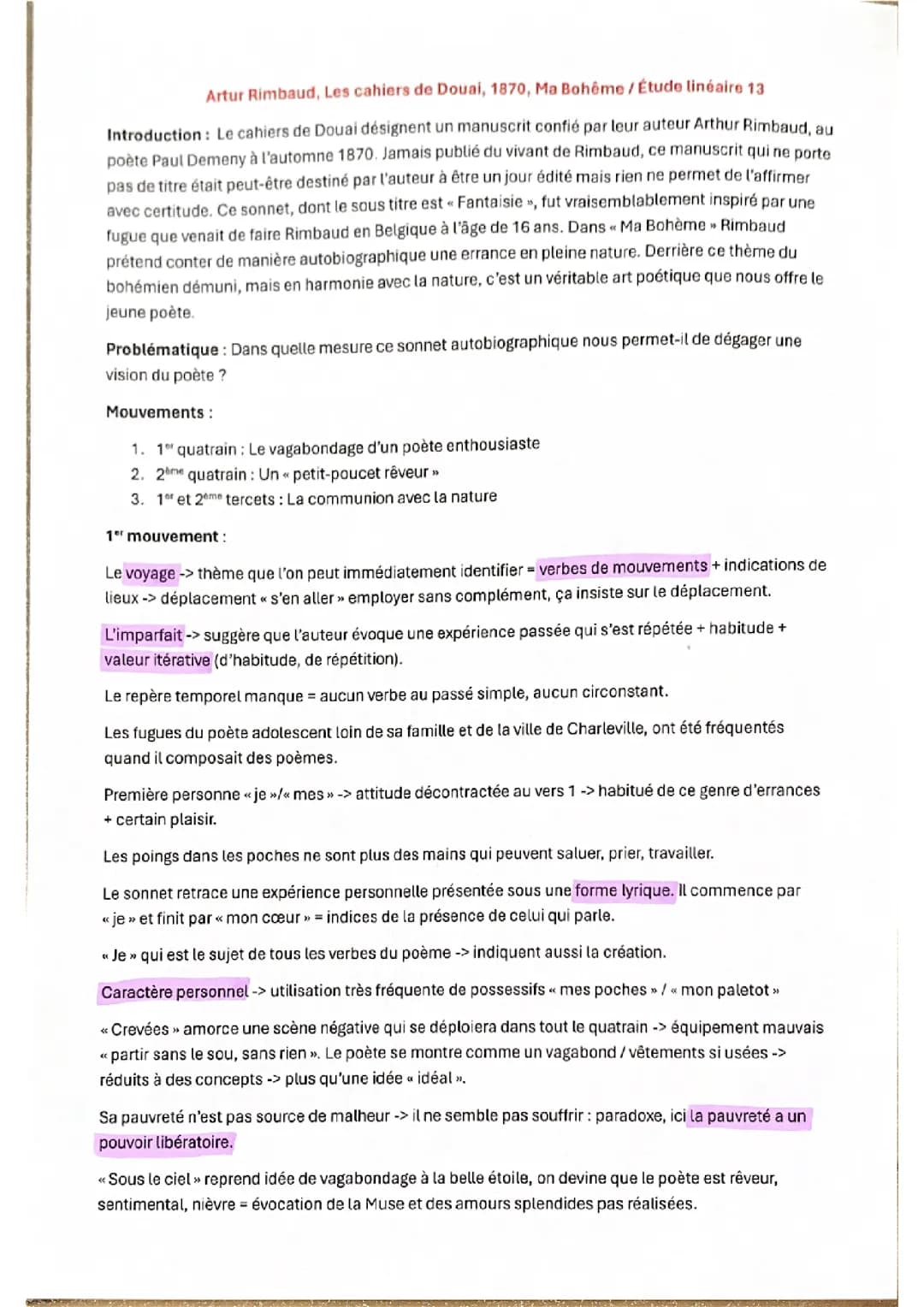 Analyse linéaire Rimbaud ma bohême 