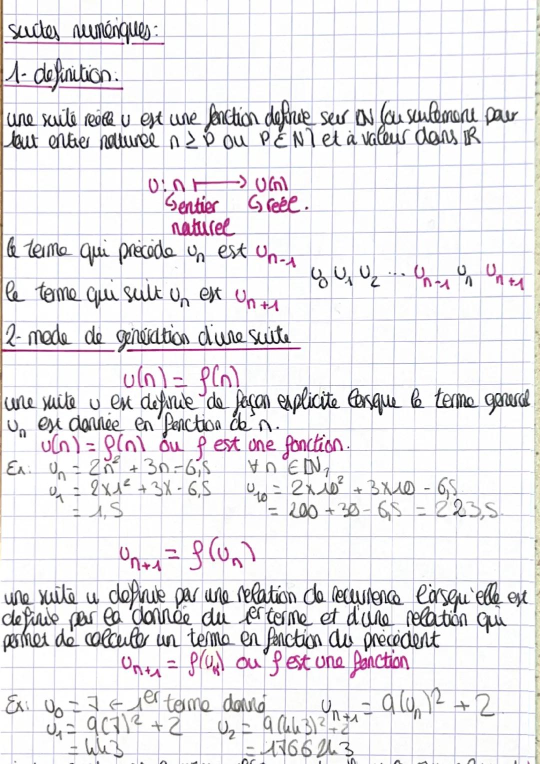 suites numénques:
1- definition:
une suite reale u est une fonction definice sear ON (ou seulement pour
tout entier naturel na P OU PENT et 