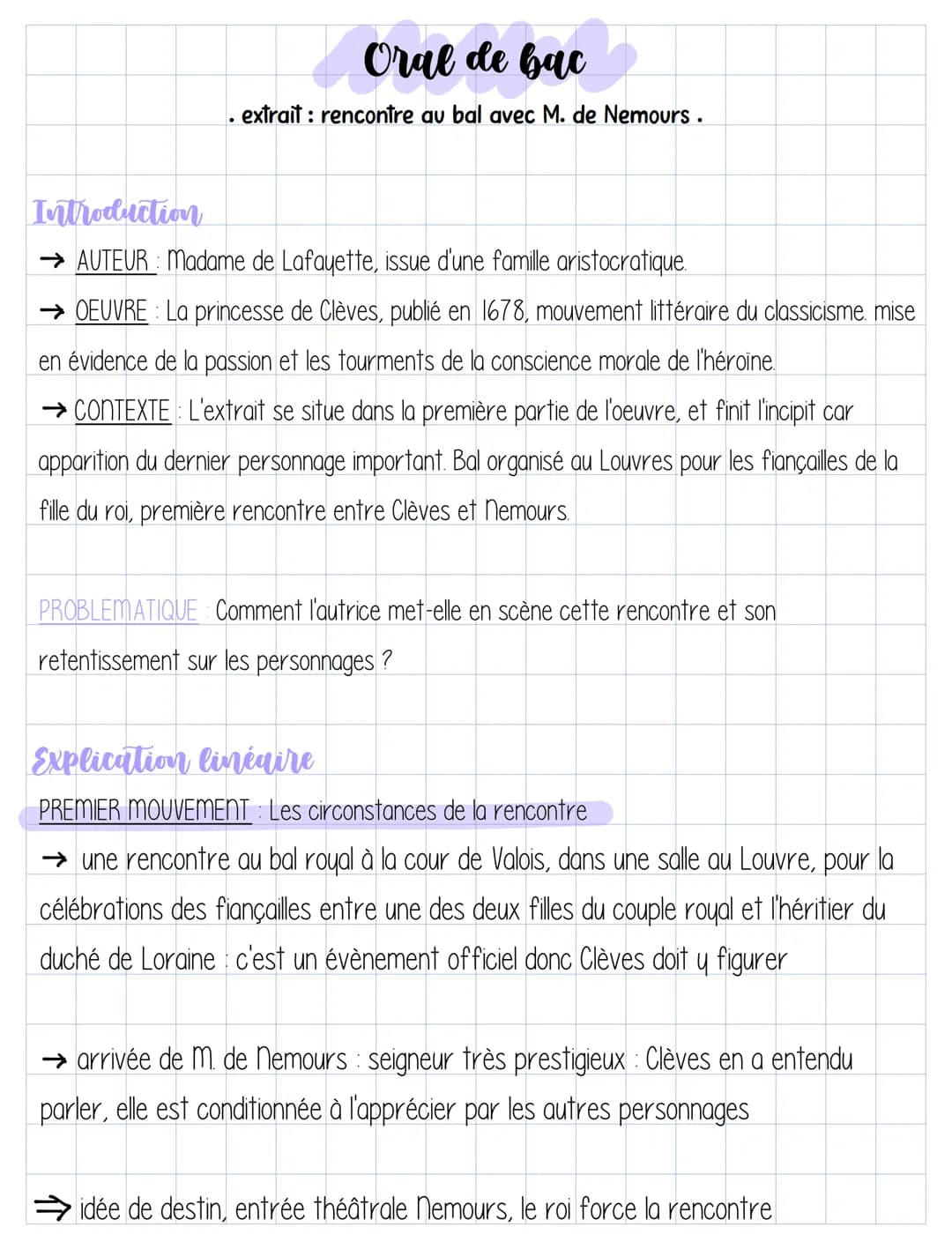 Oral de bac
extrait : rencontre au bal avec M. de Nemours.
Introduction
→ AUTEUR : Madame de Lafayette, issue d'une famille aristocratique.
