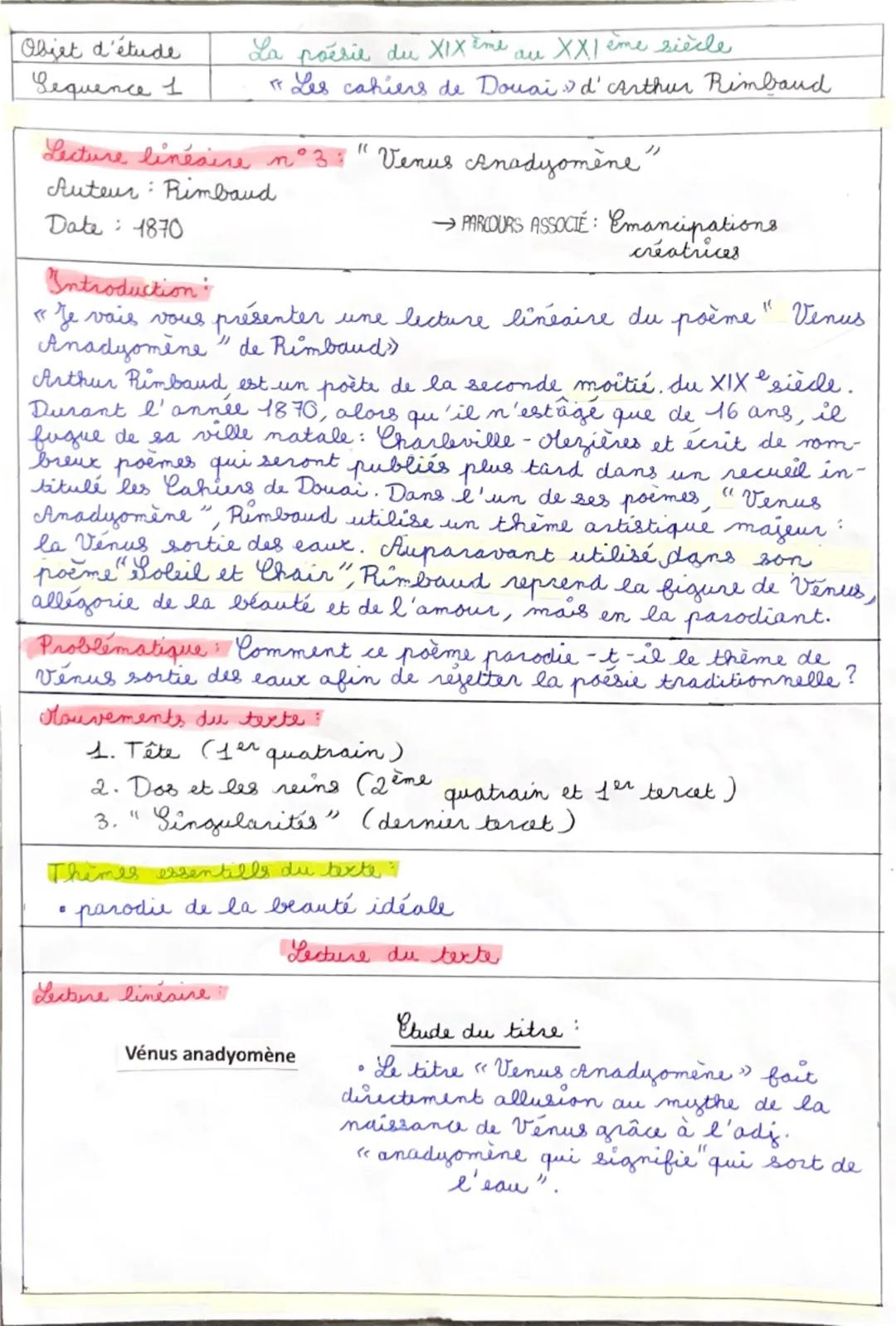 # Objet d'étude
La poésie du XIXème au XXIème siècle
# Séquence 1
"Les cahiers de Douai" d'Arthur Rimbaud

# Lecture linéaire n°3 : "Venus A