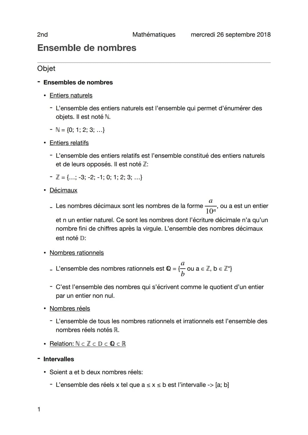 2nd
Ensemble de nombres
Objet
Ensembles de nombres
Entiers naturels
1
●
• Entiers relatifs
●
●
- L'ensemble des entiers naturels est l'ensem