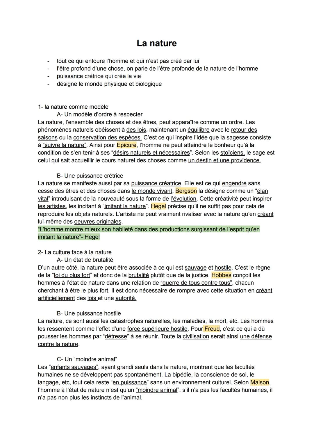 La nature
tout ce qui entoure l'homme et qui n'est pas créé par lui
l'être profond d'une chose, on parle de l'être profonde de la nature de 