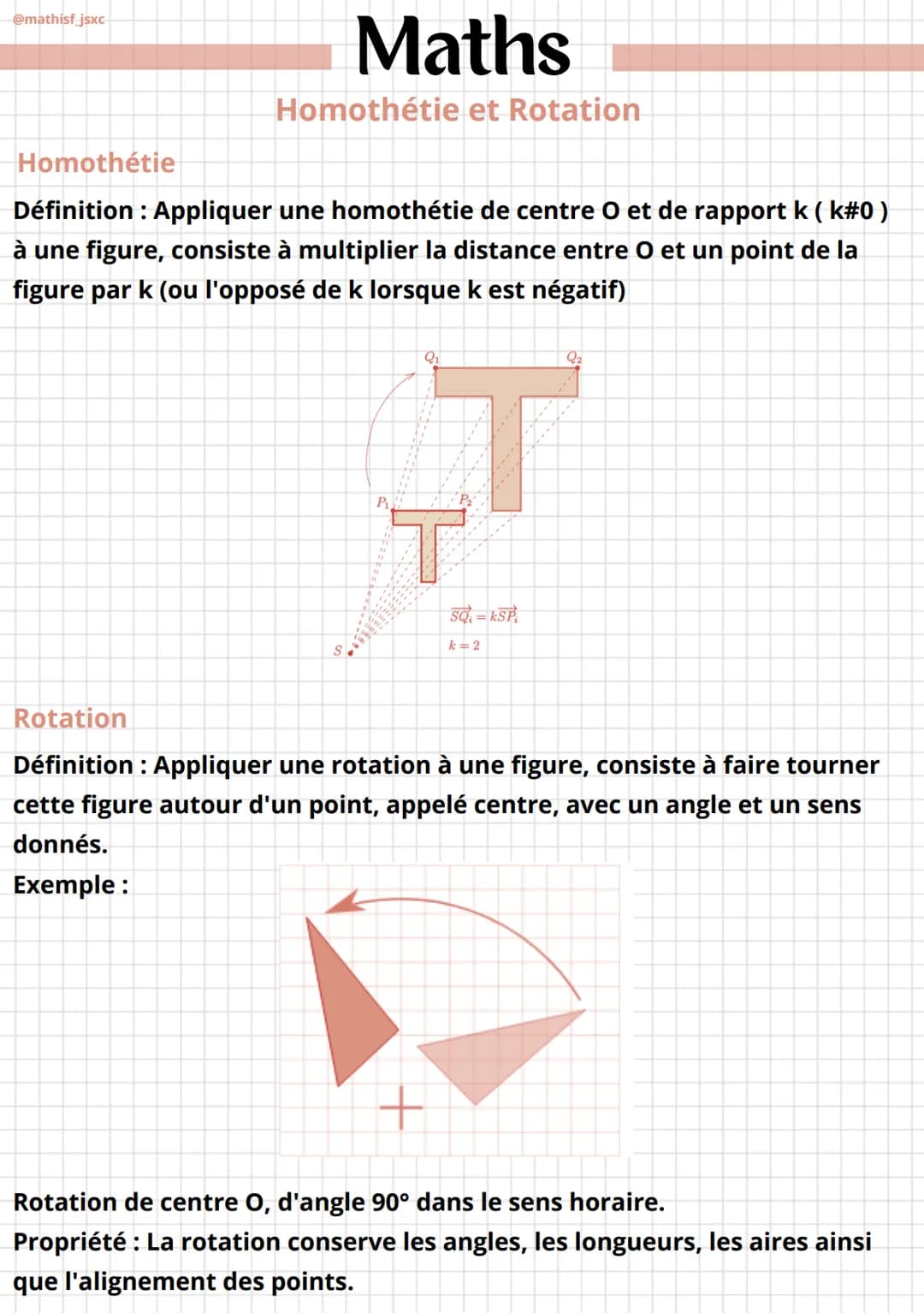 @mathisf_jsxc
Maths
Homothétie et Rotation
Homothétie
Définition : Appliquer une homothétie de centre O et de rapport k ( k#0 )
à une figure