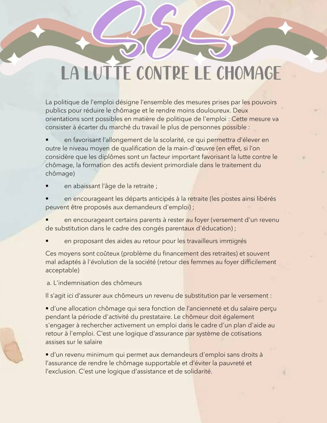 Cre
LA LUTTE CONTRE LE CHOMAGE
La politique de l'emploi désigne l'ensemble des mesures prises par les pouvoirs
publics pour réduire le chôma