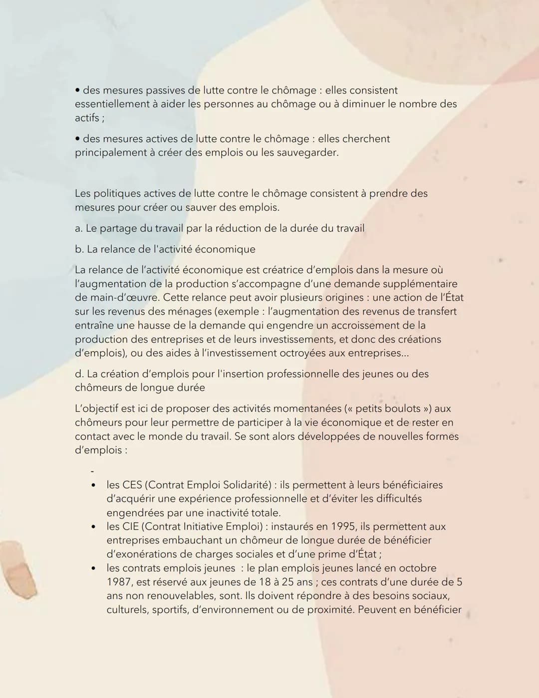 Cre
LA LUTTE CONTRE LE CHOMAGE
La politique de l'emploi désigne l'ensemble des mesures prises par les pouvoirs
publics pour réduire le chôma