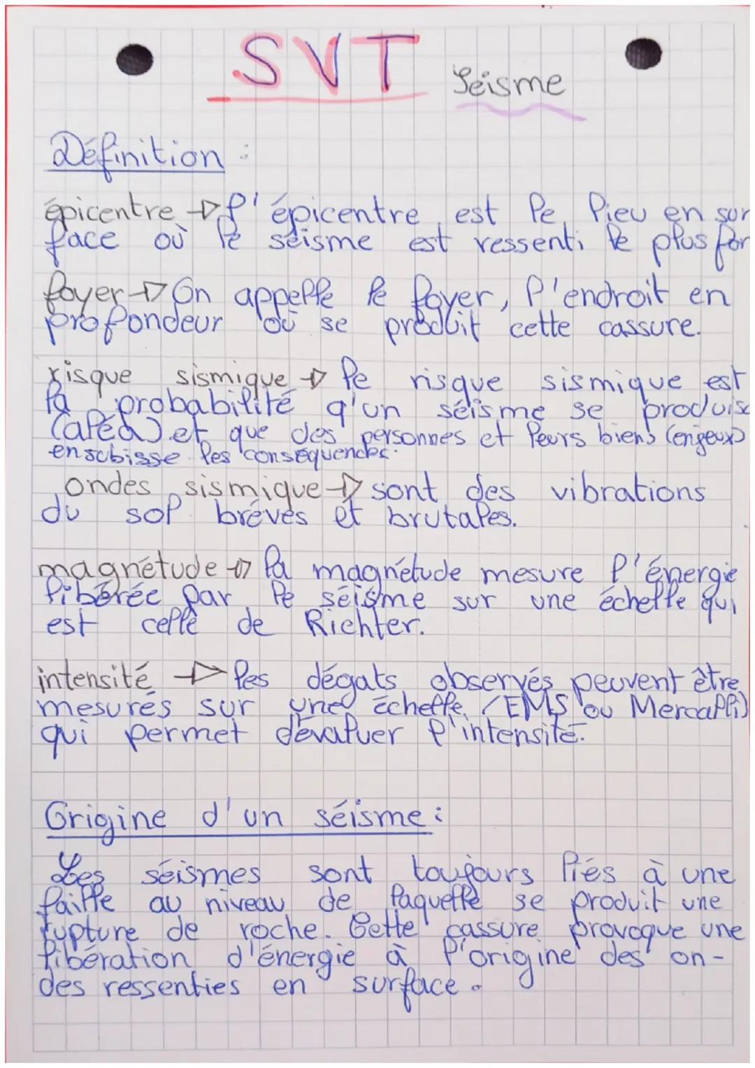 SVT
Seisme
Definition=
epicentre epicentre est Pe Pieu en sor
face où
Ou Pe seisme est ressenti le plus for
foyer On appelle le foyer, P'end