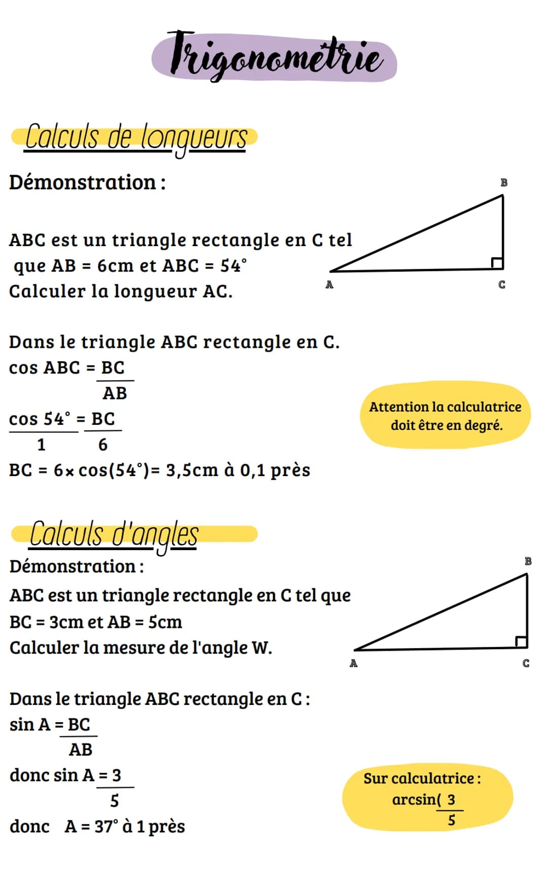 Calculs de longueurs
Démonstration:
ABC est un triangle rectangle en C tel
que AB
6cm et ABC 54°
Calculer la longueur AC.
=
Trigonometrie
Da