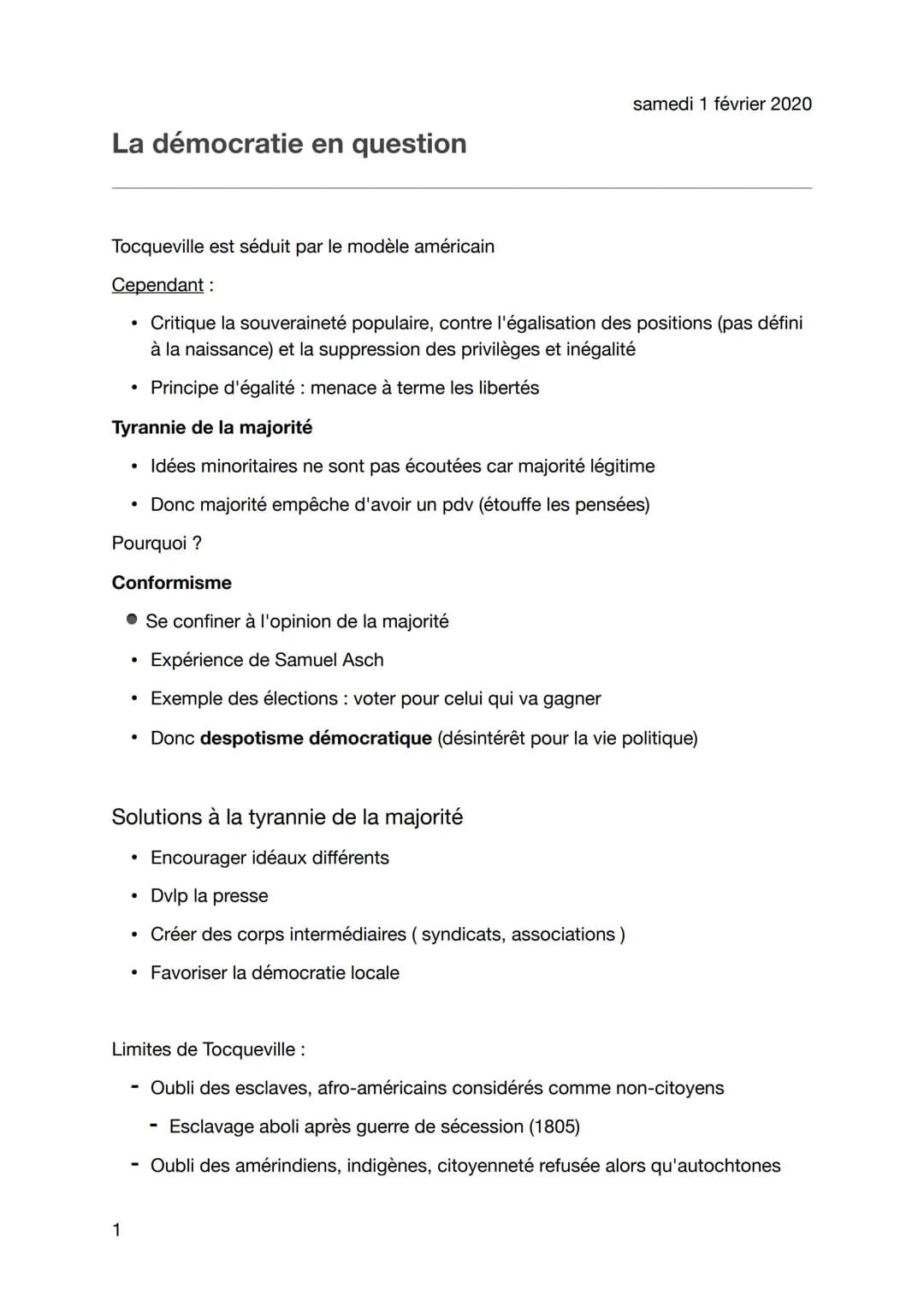La démocratie en question
Tocqueville est séduit par le modèle américain
Cependant :
●
Tyrannie de la majorité
• Idées minoritaires ne sont 