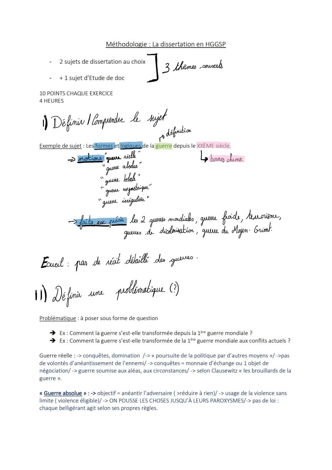 2 sujets de dissertation au choix
+ 1 sujet d'Etude de doc
10 POINTS CHAQUE EXERCICE
4 HEURES
1) Définir / Comprendre le sujet
Exemple de su
