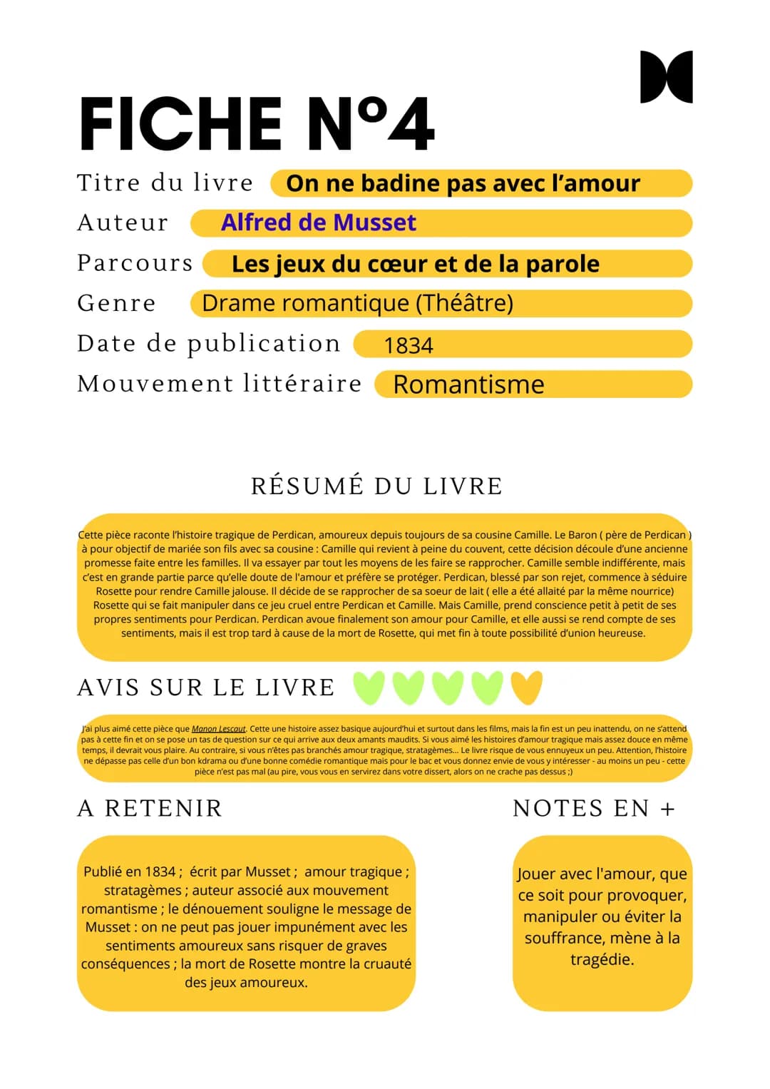 FICHE N°4
Titre du livre
On ne badine pas avec l'amour
Alfred de Musset
Auteur
Parcours
Les jeux du cœur et de la parole
Genre
Drame romanti