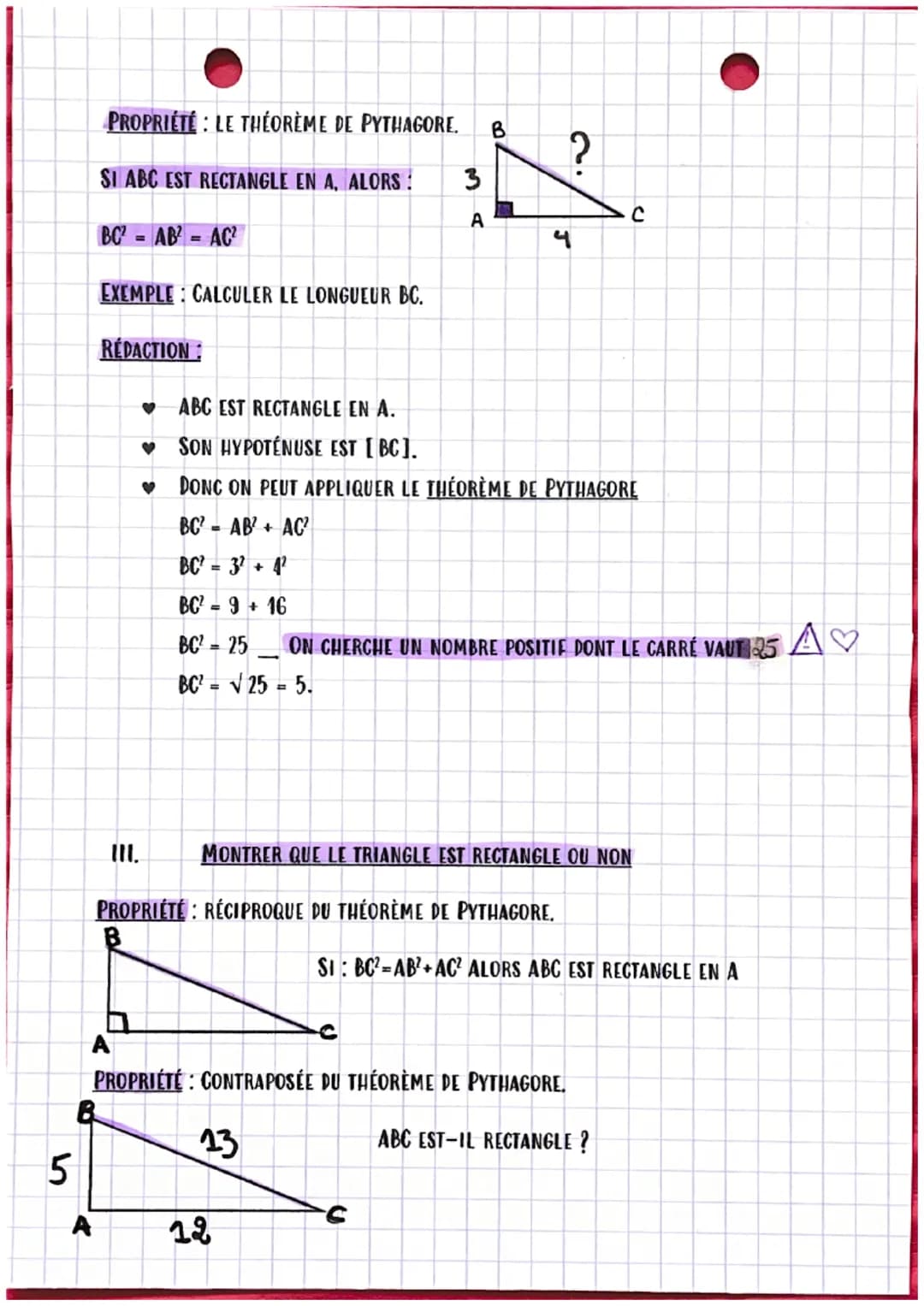 CHAPITRE 2 : THÉORÈME DE PYTHAGORE ♥
I. L'INÉGALITÉ DE PYTHAGORE.
PROPRIÉTÉ
DANS UN TRIANGLE RECTANGLE, LE CARRÉ DE L'HYPOTÉNUSE EST ÉGAL À 