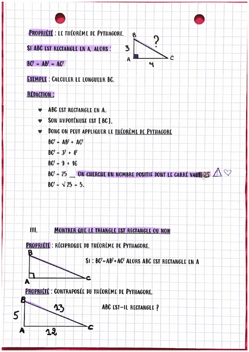 CHAPITRE 2 : THÉORÈME DE PYTHAGORE ♥
I. L'INÉGALITÉ DE PYTHAGORE.
PROPRIÉTÉ
DANS UN TRIANGLE RECTANGLE, LE CARRÉ DE L'HYPOTÉNUSE EST ÉGAL À 