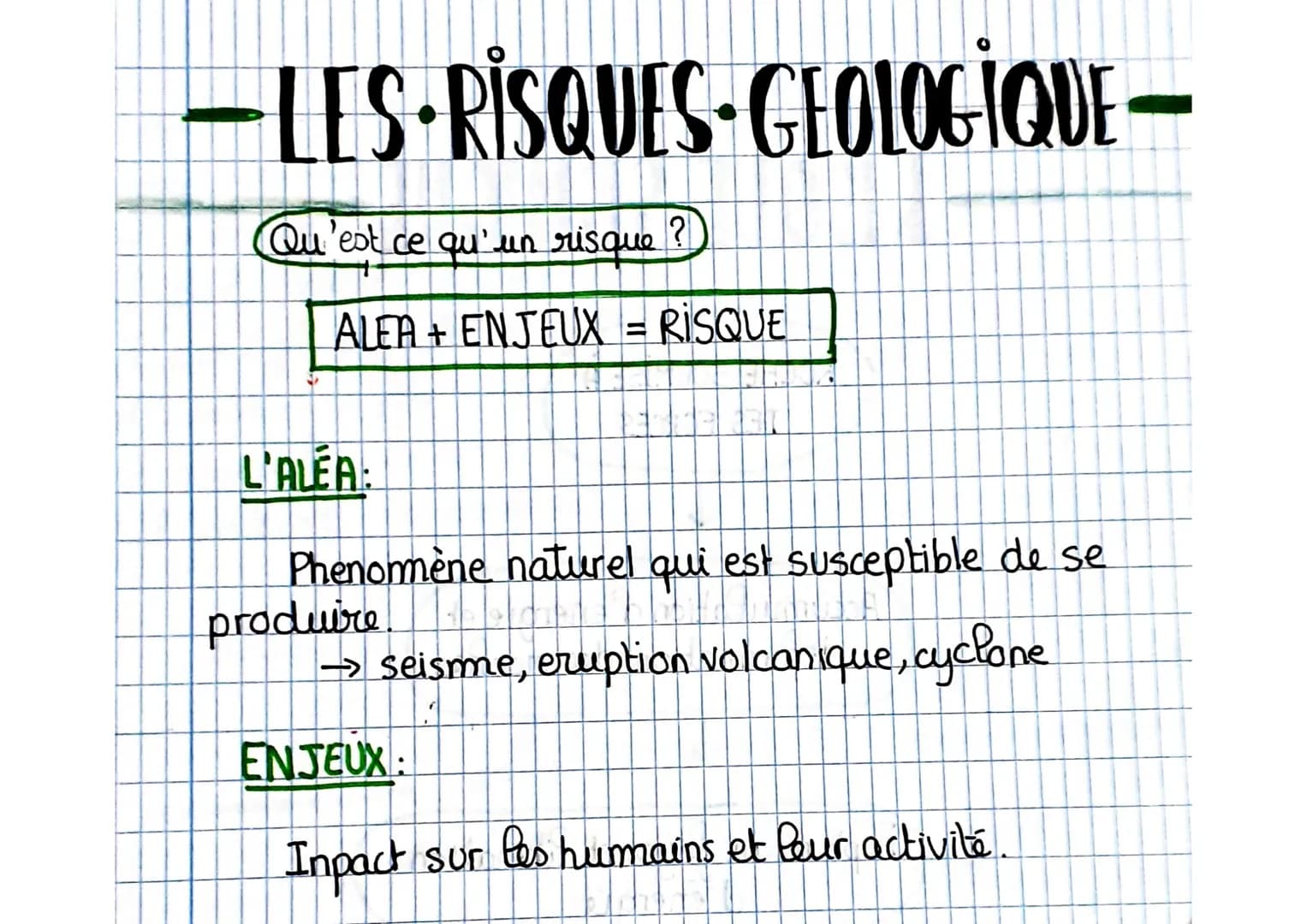 ·LES RISQUES-GEOLOGIQUE -
Qu'est ce qu'un risque ?
ALEA+ ENJEUX = RISQUE
L'ALEA:
Phenomène naturel qui est susceptible de se
produire
→ seis