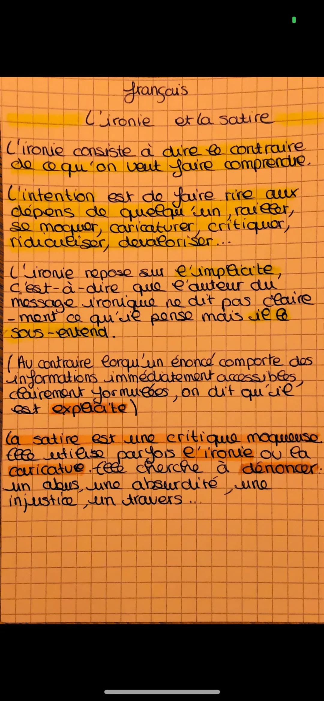 français
Cironie et la satire
L'ironie consiste à dire to contraire
de & qu'on vent fou're comprendre.
C'intention est do you're rire aux
dé