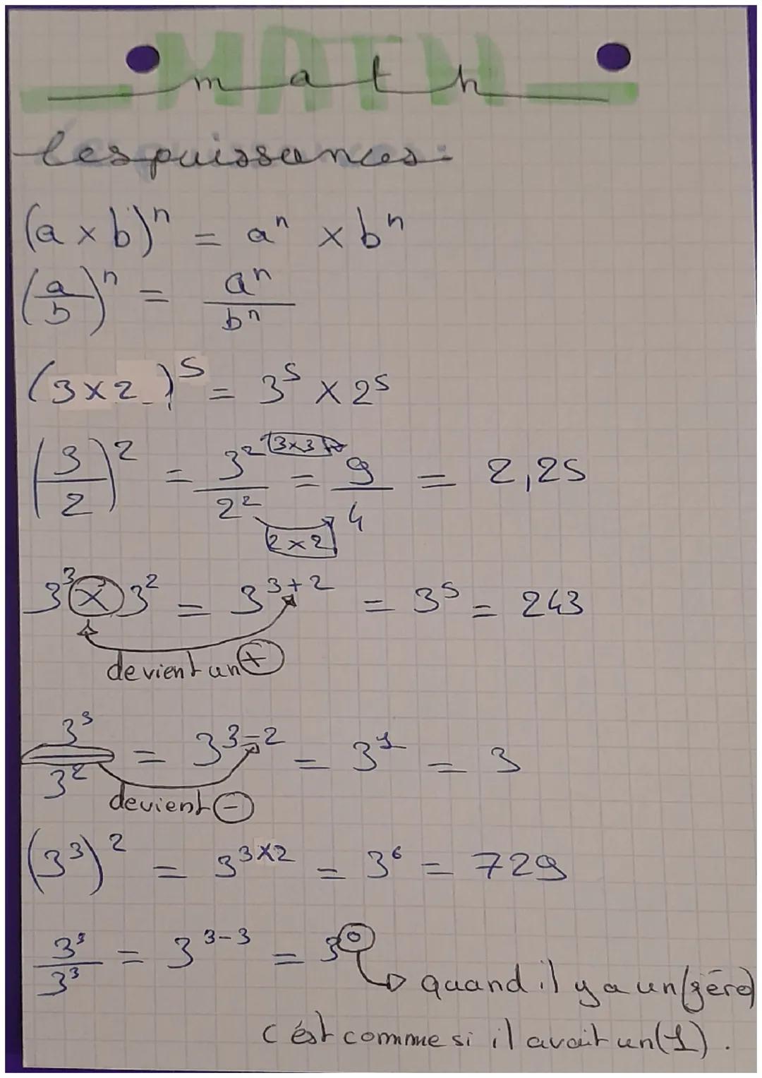 les puissancesi
(a x b)^.
(3)"
•math
anlam
=
(3x2_) ³ = 35x25
S
3²
2
(33) ²
3
2
(3)² = 32 teng
2
22
4
an xbn
03²
3
devient unt
=
an
bn
devie