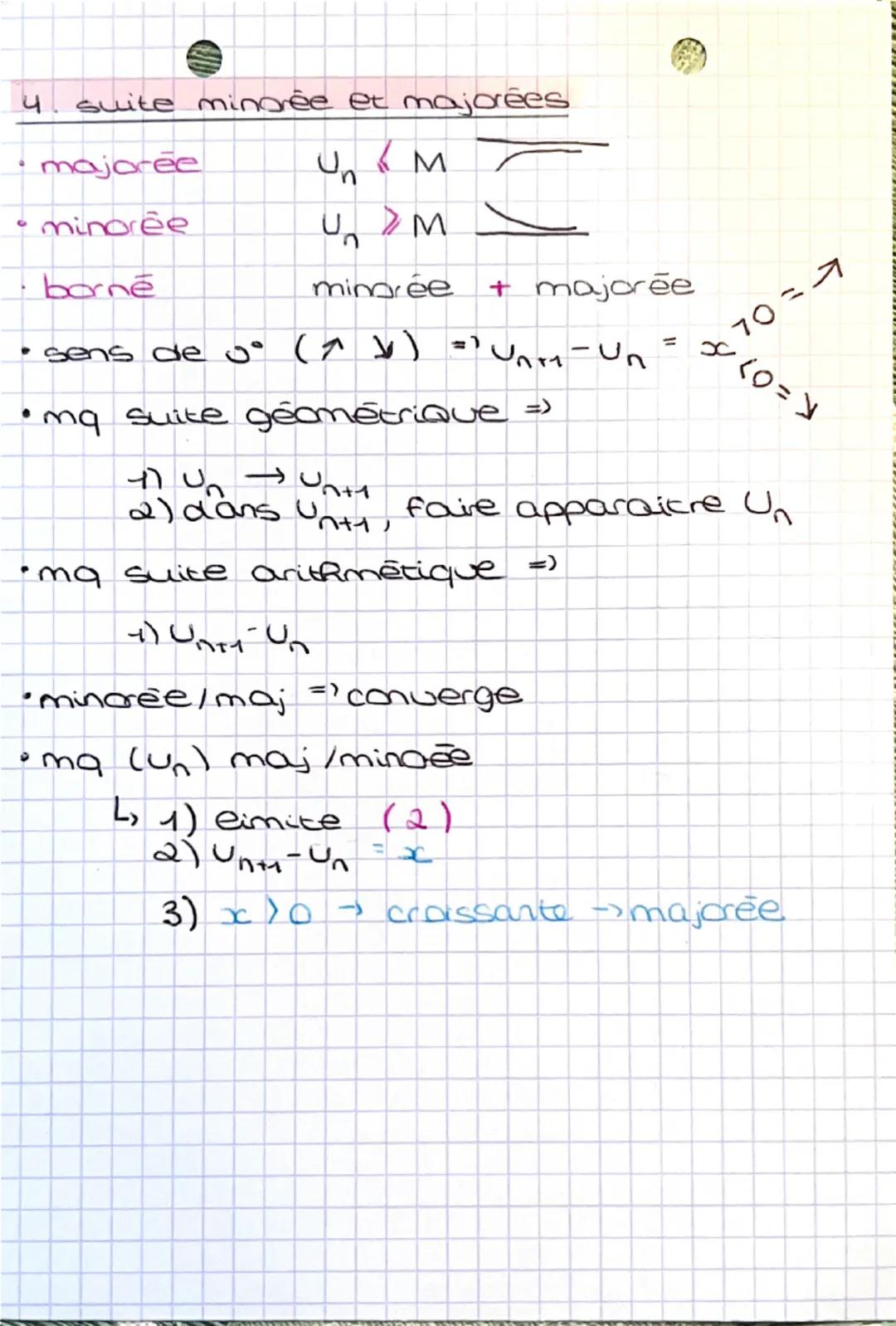 4)variations
SUITES
·(un) nein esc croissante → Un-Un
(Un\nE IN est décroissante →
n+1
n
(Un) new est monotone → soit I out
2) etudier ee se