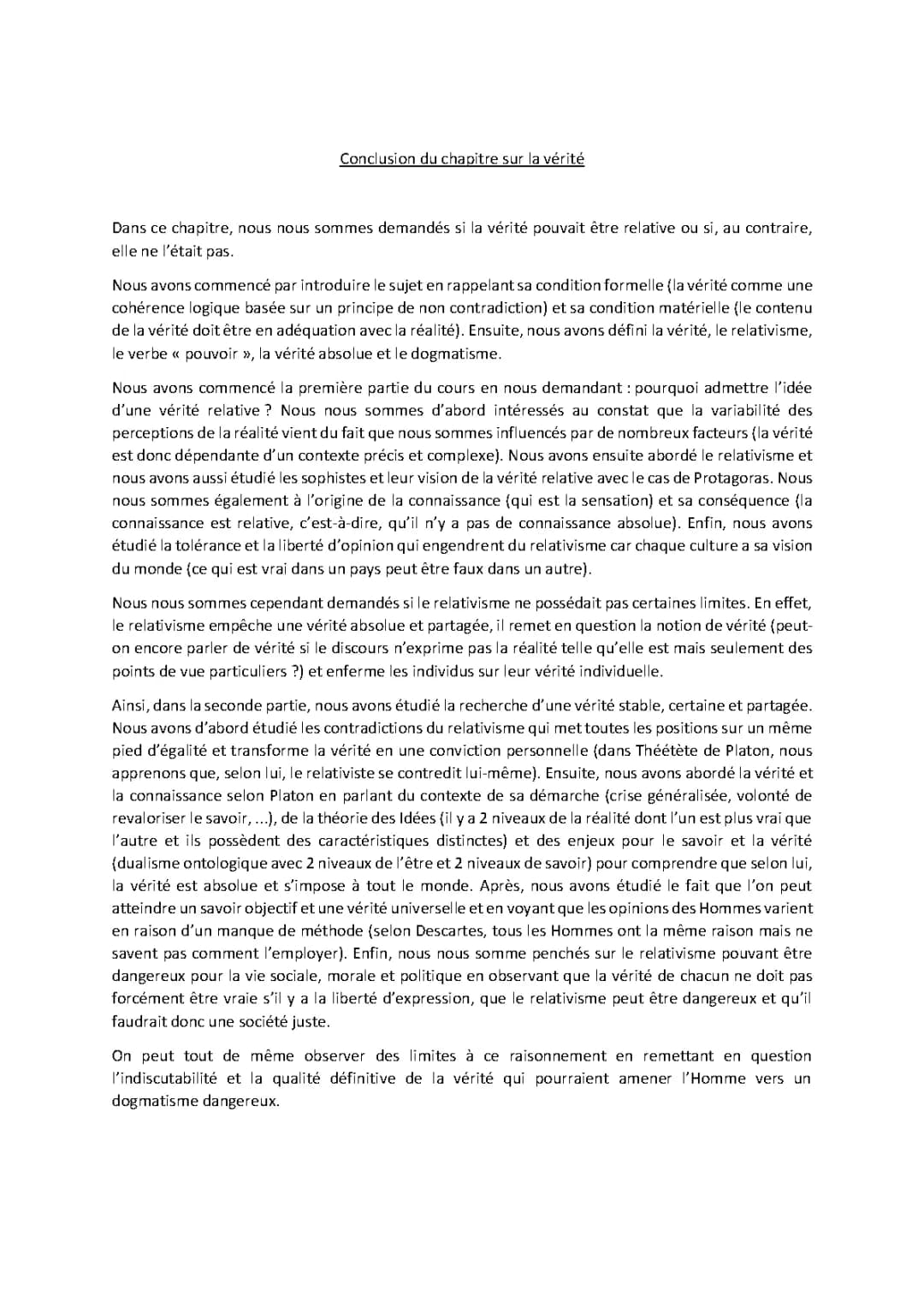 Conclusion sur la vérité - Vérité universelle, relative et selon Descartes PDF