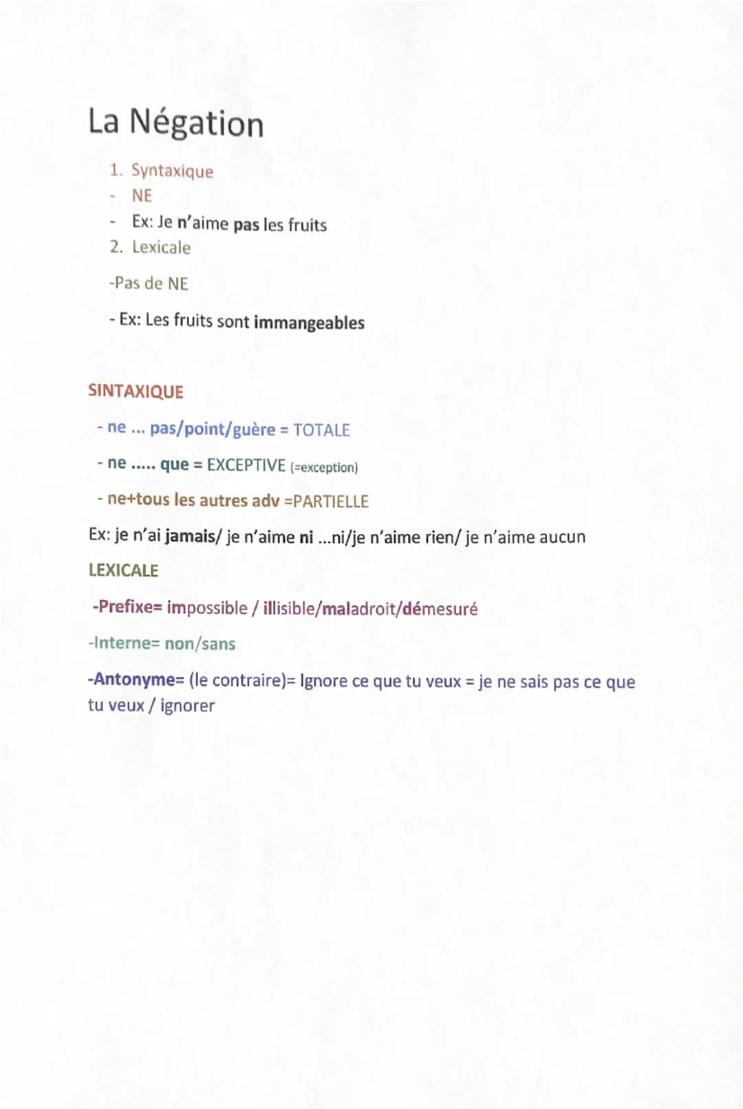 La Négation
1. Syntaxique
-
NE
-
Ex: Je n'aime pas les fruits
2. Lexicale
-Pas de NE
- Ex: Les fruits sont immangeables
SINTAXIQUE
- ne ... 