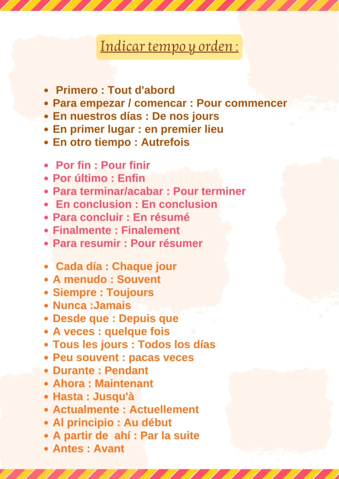 Liste Facile de Connecteurs Logiques et Adverbes de Temps en Espagnol pour les Enfants