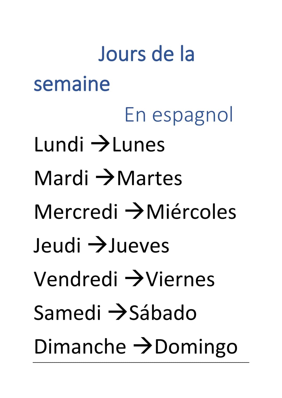 Jours de la
semaine
En espagnol
Lundi Lunes
Mardi →Martes
Mercredi →Miércoles
Jeudi →→Jueves
Vendredi →Viernes
Samedi →Sábado
Dimanche Domin
