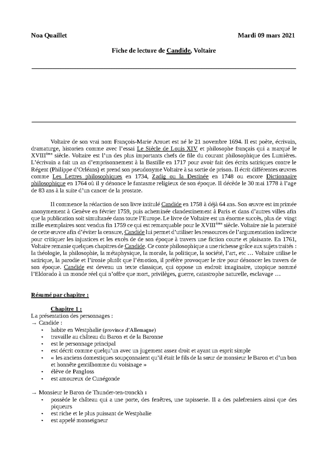 Fiche de lecture Candide PDF - Résumé général et chapitres par Voltaire