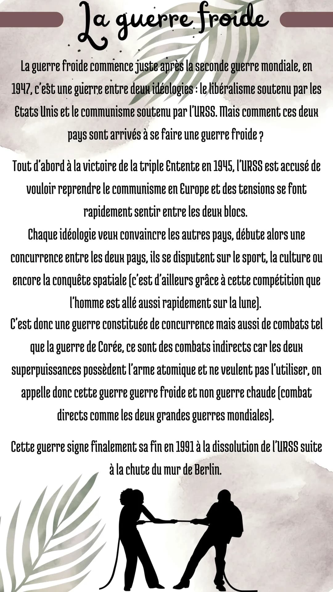 La guerre froide
La guerre froide commence juste après la seconde guerre mondiale, en
1947, c'est une guerre entre deux idéologies : le libé