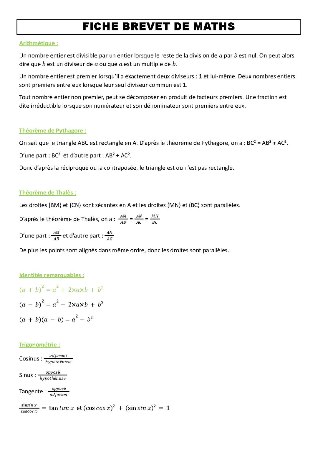 Fiche révision Maths Brevet : Livre, Formules, Exercices