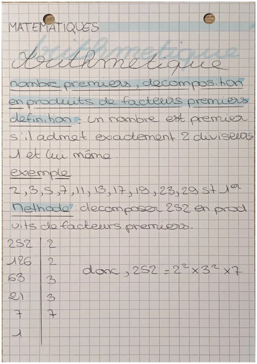 MATEMATIQUES
buthmetique
nombre premiers, decomposition
en produits de facteurs premiers
definition: un nombre est premier
s'il admet exacte