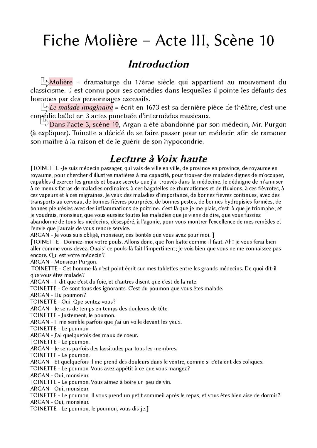 Le Malade imaginaire Acte 3 scène 10 : Analyse et Introduction - Molière