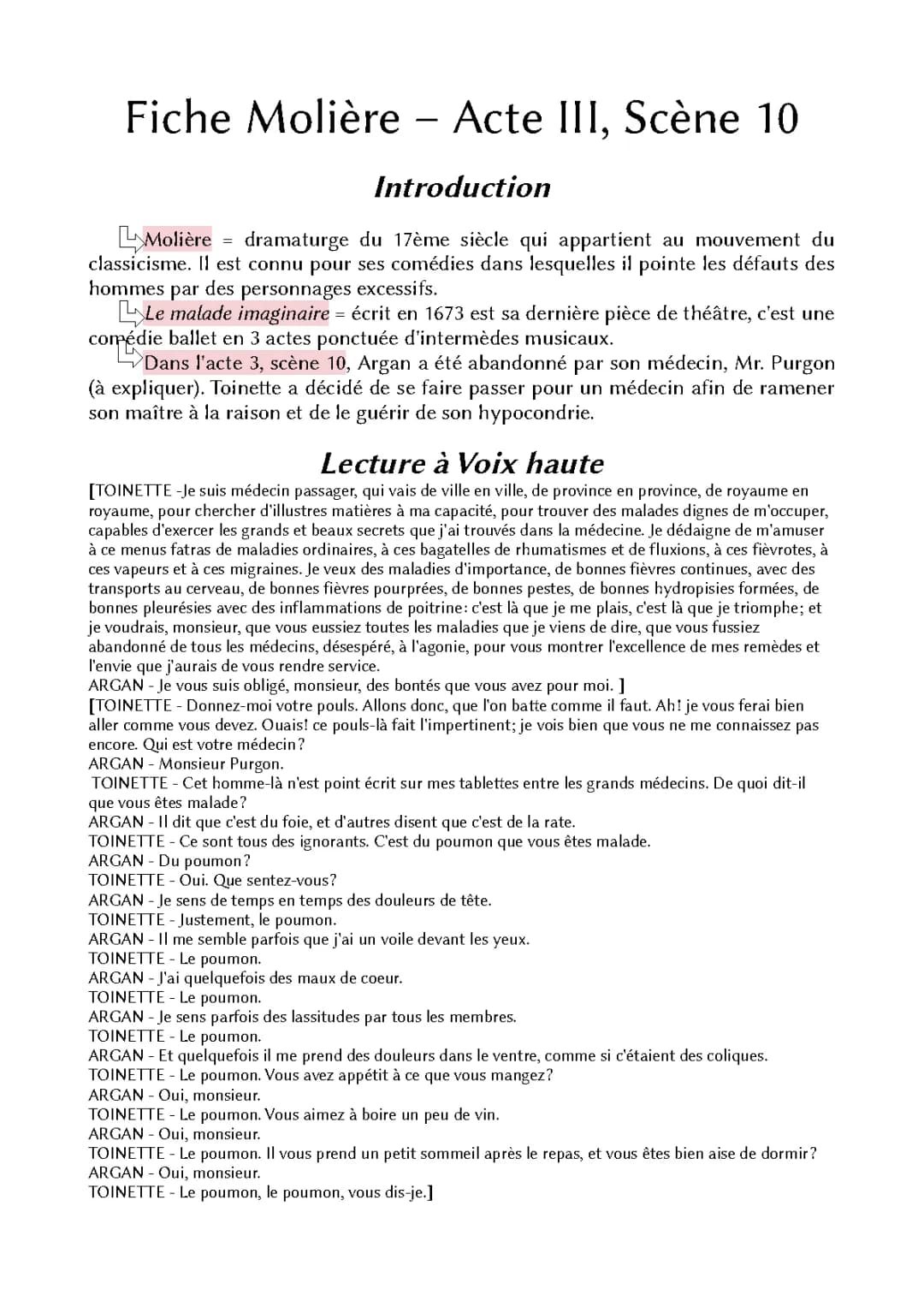 Le Malade imaginaire Acte 3 scène 10 : Analyse et Introduction - Molière