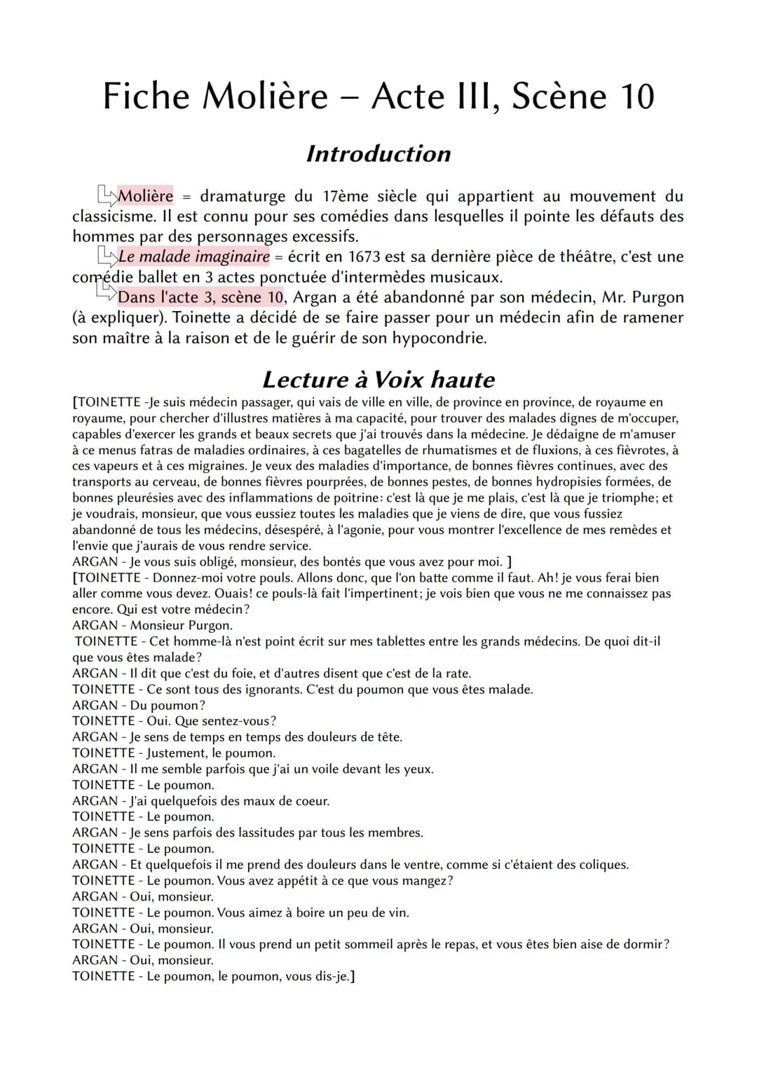 Fiche Molière - Acte III, Scène 10
Introduction
Molière = dramaturge du 17ème siècle qui appartient au mouvement du
classicisme. Il est conn