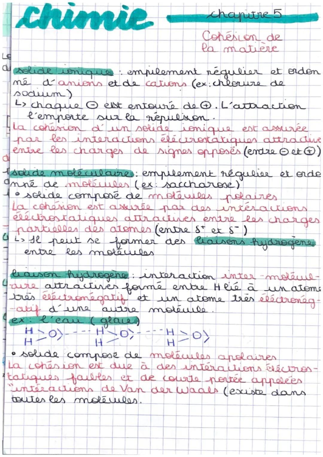 # chimie

chapitre 5

Cohésion de
la matière

Le solide ionique: empilement régulier et ordonné d'anions et de cations (ex: chlorure de sodi