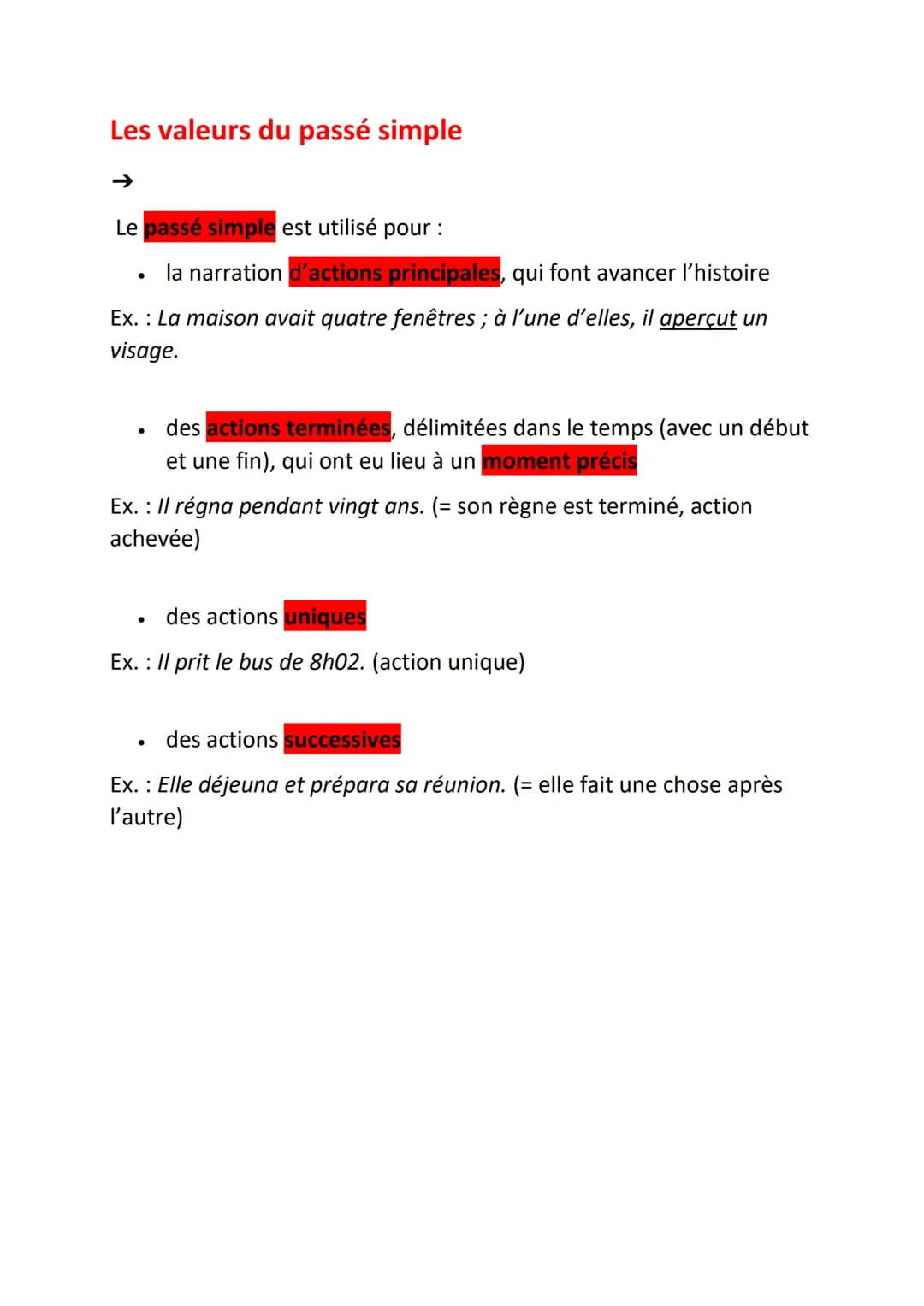 Les valeurs du passé simple
Le passé simple est utilisé pour :
la narration d'actions principales, qui font avancer l'histoire
●
Ex. : La ma