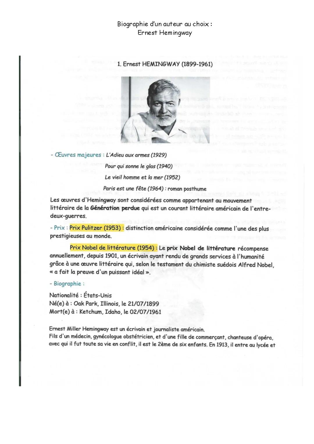 Biographie d'un auteur au choux : Hemingway