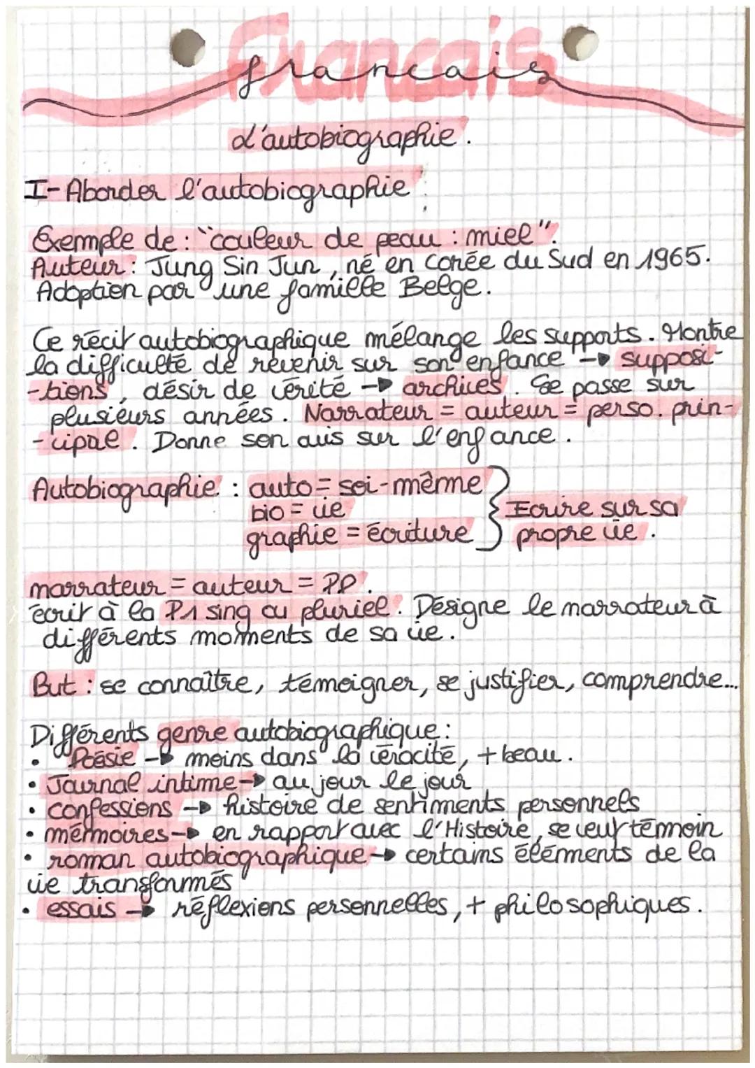 # francais

d'autobiographie.

I-Aborder l'autobiographie

Exemple de: "couleur de peau : miel".
Auteur: Jung Sin Jun, né en corée du Sud en