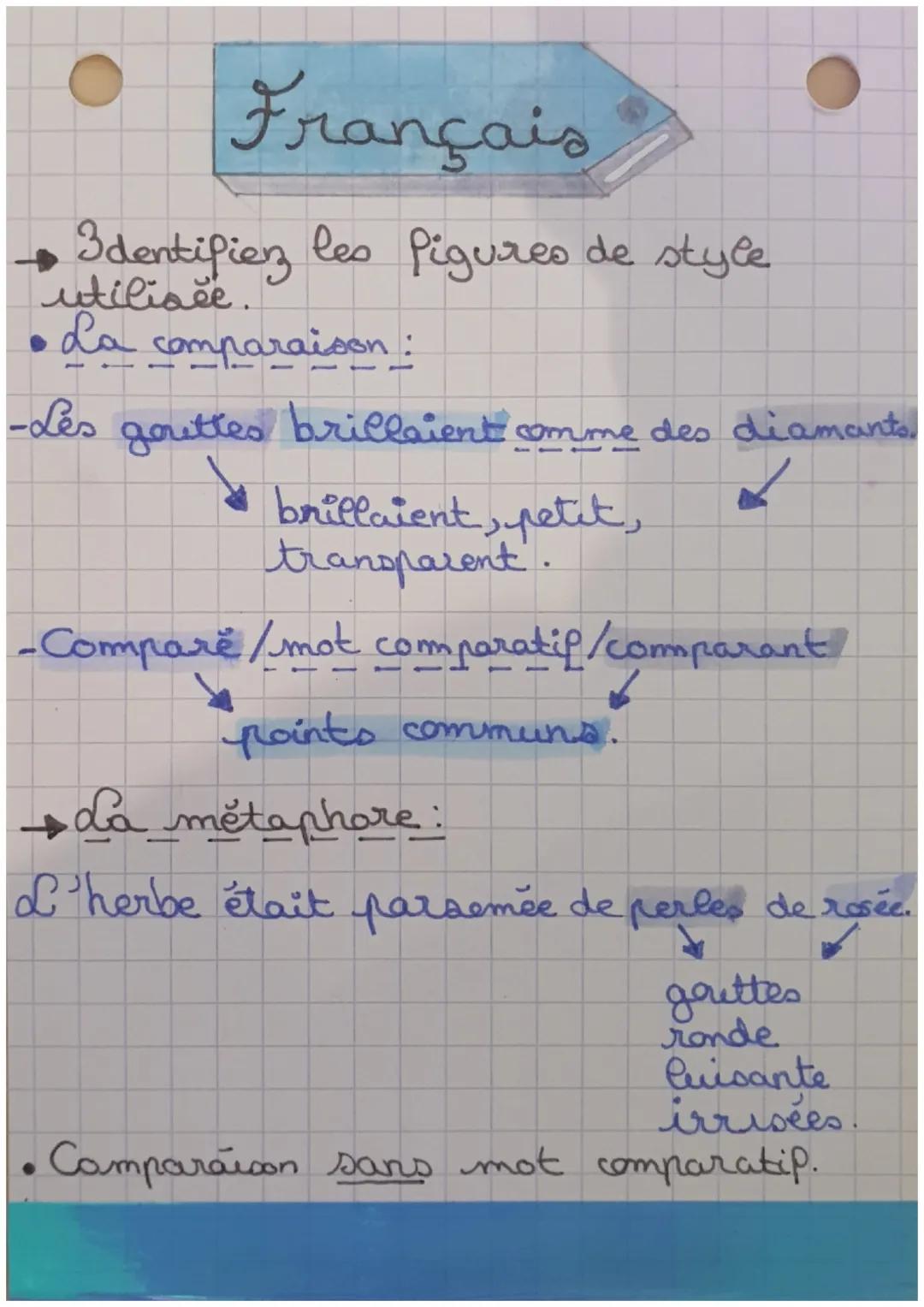 Français
3dentifiez les figures de style
utilisée.
La comparaison :
-Les gouttes brillaient comme des diamants.
S
✓
—
brillaient, petit,
tra