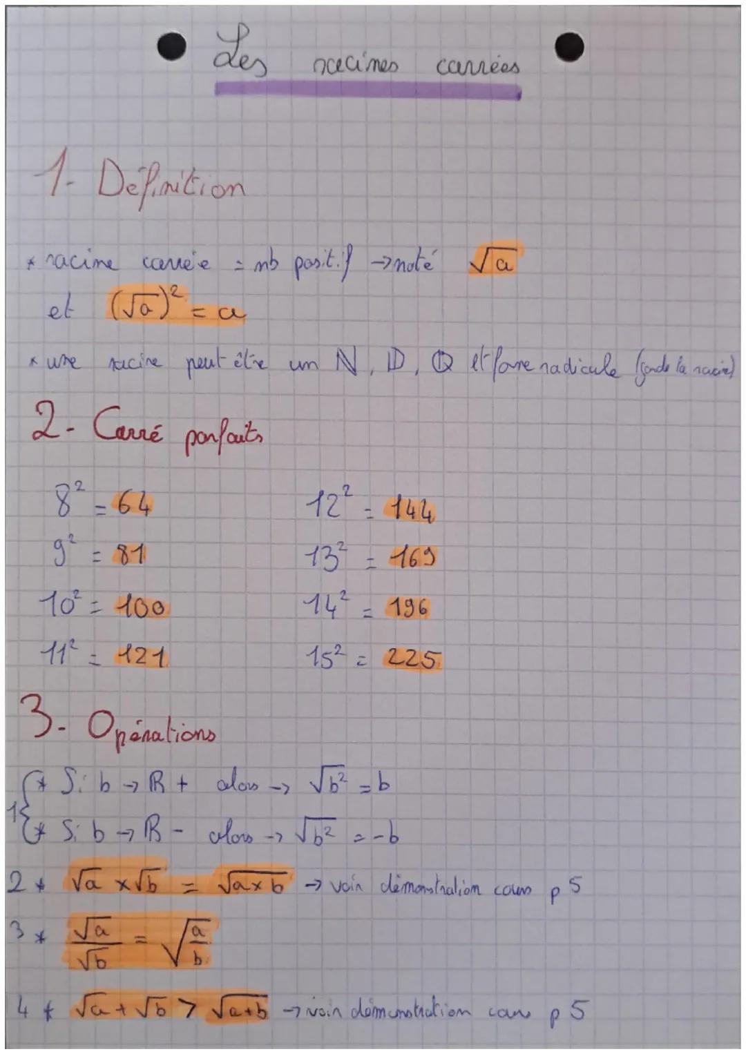 1. Definition
* racine carrée = mb positif ->noté √a
et (√ä) ².
(√₁)² = a
racire peut être
2- Carré parfaits
x une
8²-64
9² = 81
10² = 100.
