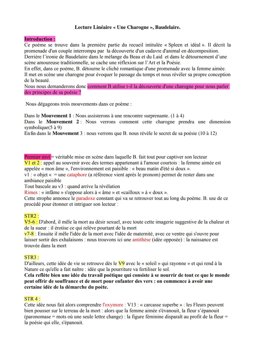 Lecture Linéaire « Une Charogne », Baudelaire.
Introduction :
Ce poème se trouve dans la première partie du recueil intitulée « Spleen et id