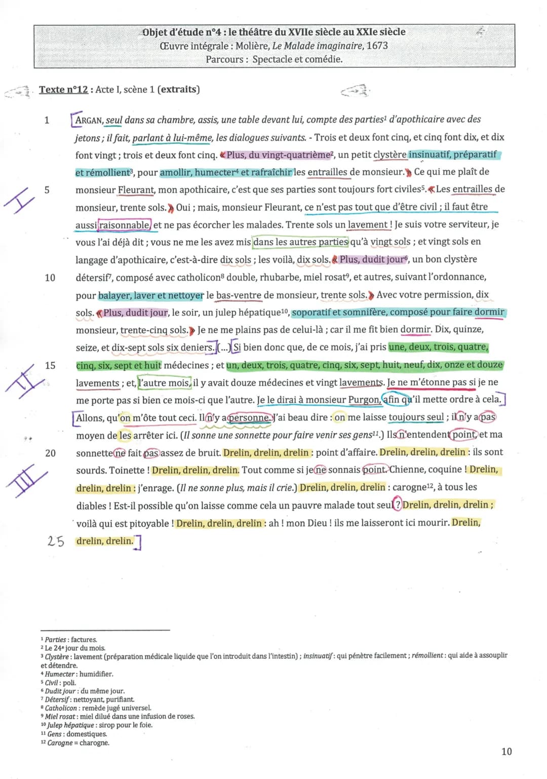 I
Texte n°12: Acte I, scène 1 (extraits)
1
ARGAN, seul dans sa chambre, assis, une table devant lui, compte des parties¹ d'apothicaire avec 