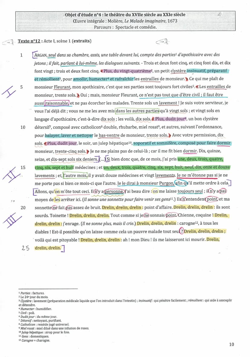 I
Texte n°12: Acte I, scène 1 (extraits)
1
ARGAN, seul dans sa chambre, assis, une table devant lui, compte des parties¹ d'apothicaire avec 
