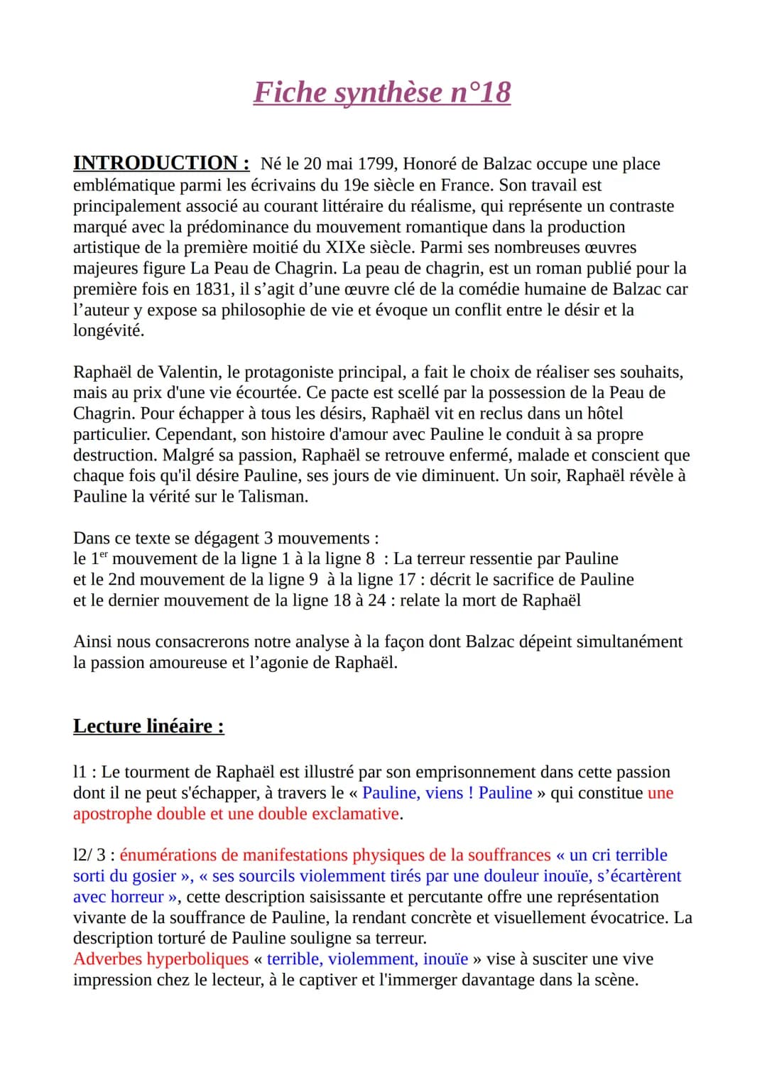 Fiche synthèse n°18
INTRODUCTION: Né le 20 mai 1799, Honoré de Balzac occupe une place
emblématique parmi les écrivains du 19e siècle en Fra