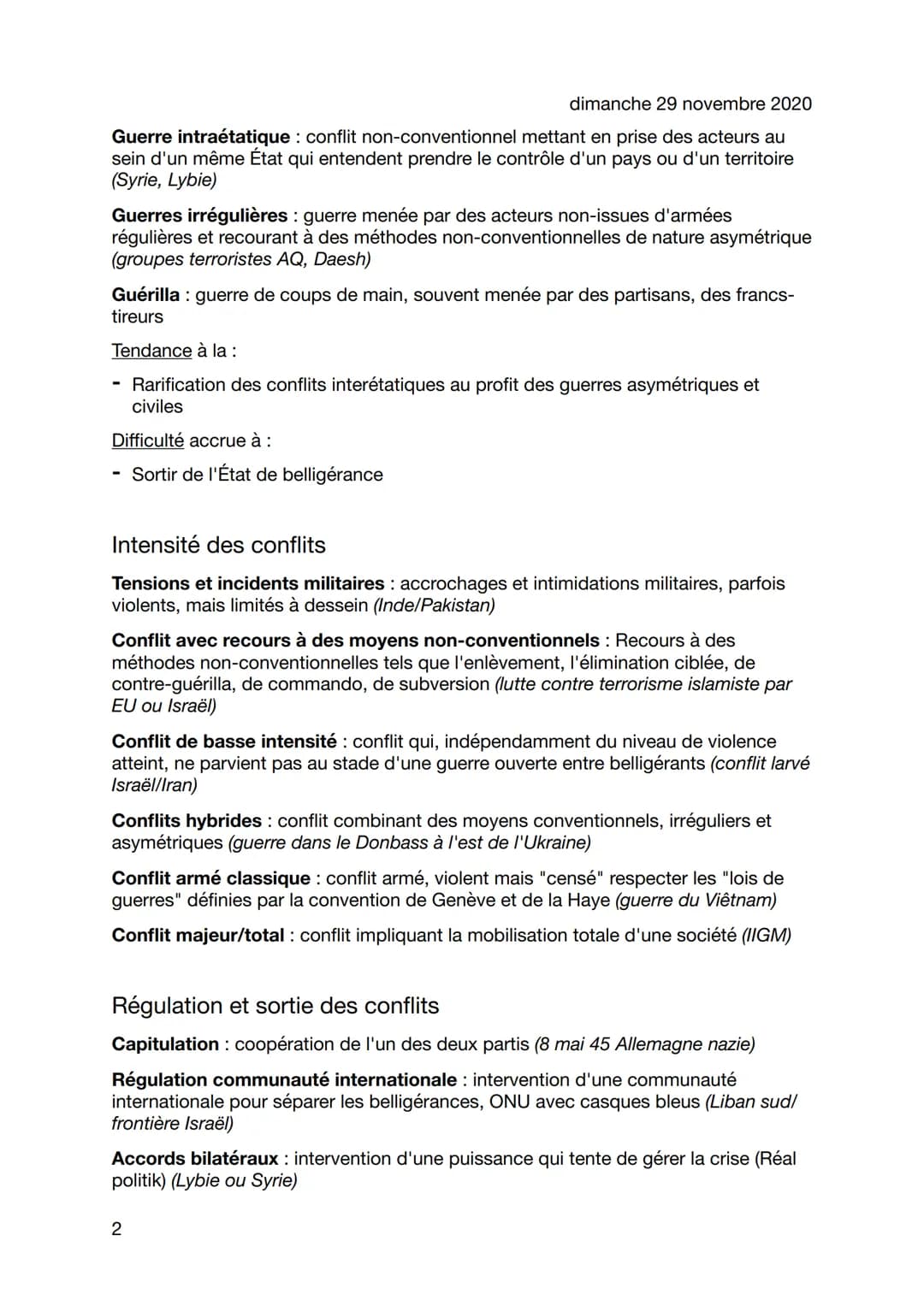 Définitions
dimanche 29 novembre 2020
Conflit : lutte ouverte entre au moins 2 acteurs (individus ou groupes), qui peut
prendre des formes v