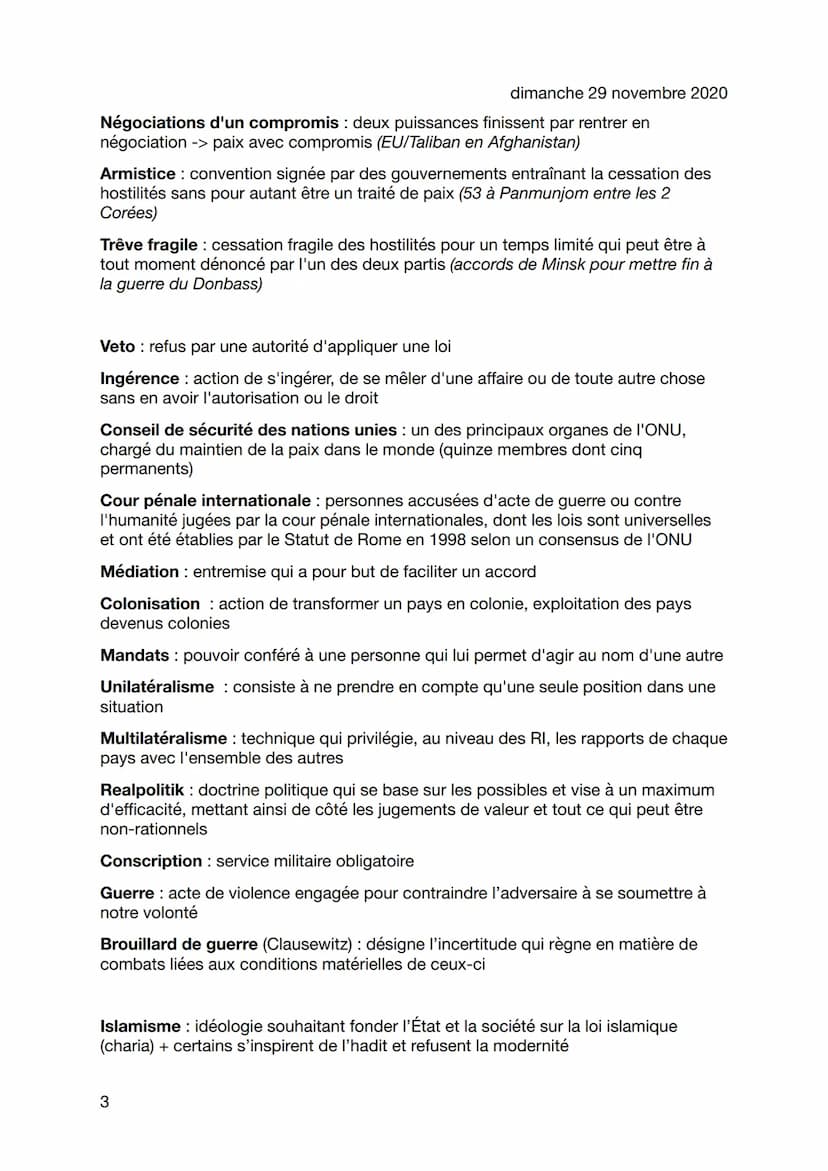 Définitions
dimanche 29 novembre 2020
Conflit : lutte ouverte entre au moins 2 acteurs (individus ou groupes), qui peut
prendre des formes v