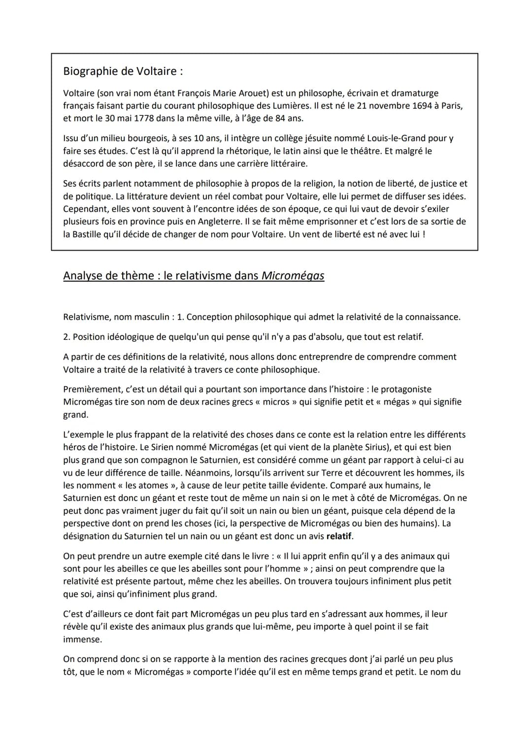 ANALYSE DE THEME
Le relativisme dans Micromégas
07 JANVIER 2022
THEA MONTES 3°A Biographie de Voltaire :
Voltaire (son vrai nom étant Franço