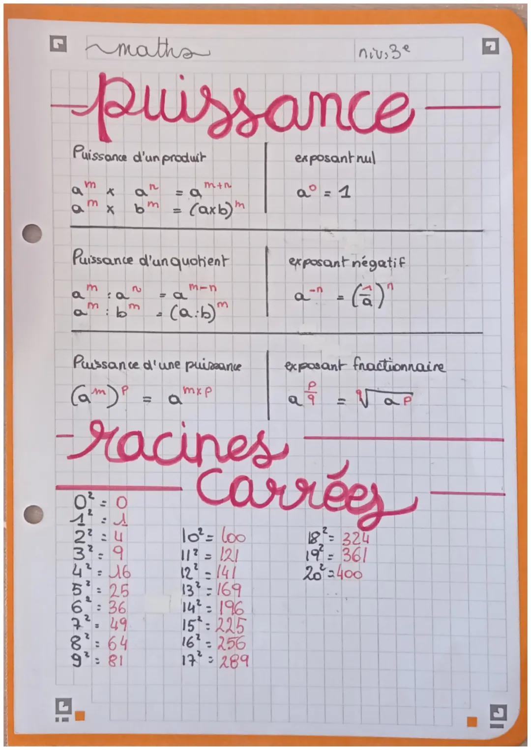 □ maths
nivize
puissance
Puissance d'un produit
m
m
a
bm
n
= 9
exposant nul
m+n
a = 1
= (axb)m
Puissance d'un quotient
ญ
m
2
a
m
a
:b"
m
= a