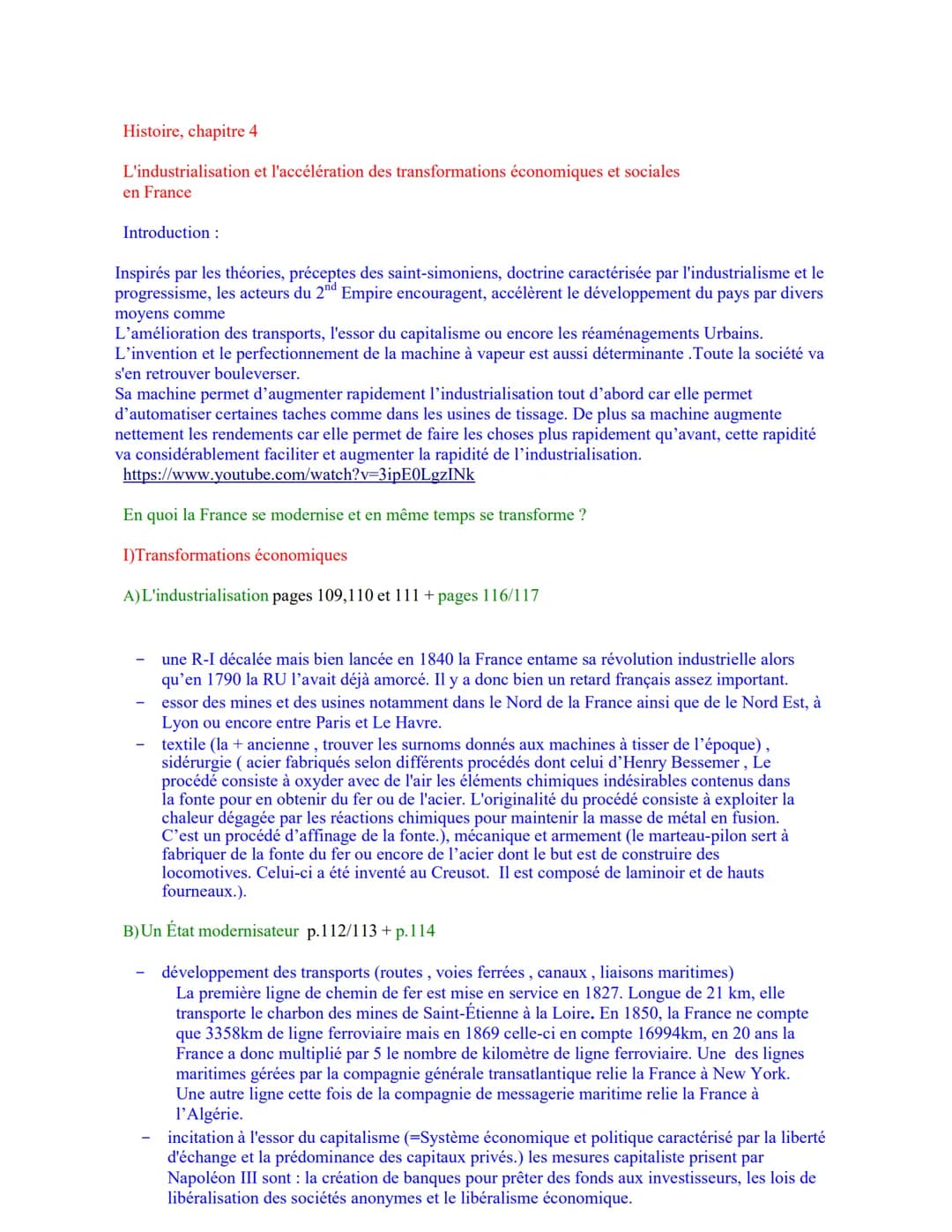 Histoire, chapitre 4
L'industrialisation et l'accélération des transformations économiques et sociales
en France
Introduction :
Inspirés par