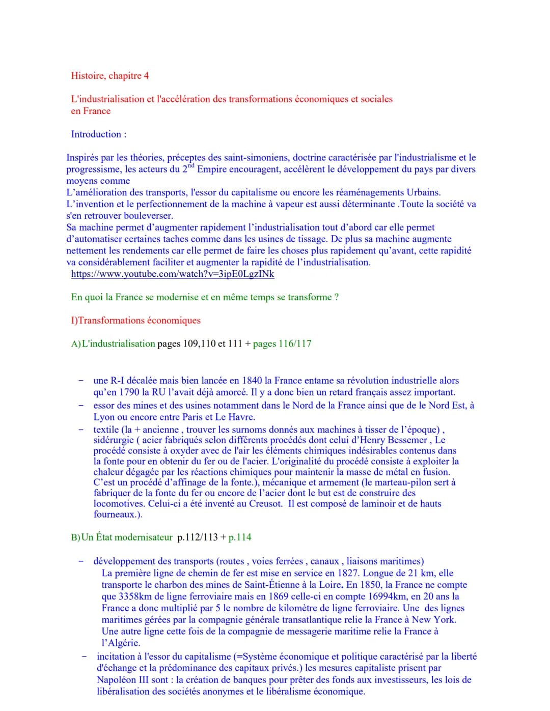 Histoire, chapitre 4
L'industrialisation et l'accélération des transformations économiques et sociales
en France
Introduction :
Inspirés par