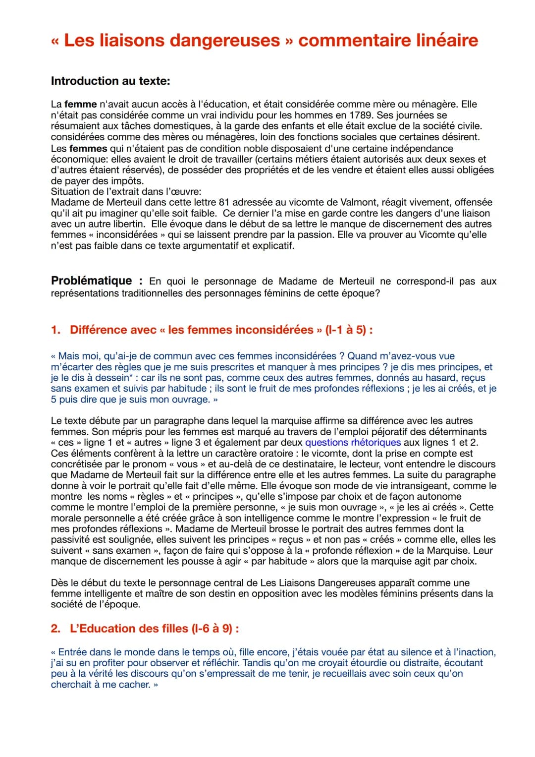 << Les liaisons dangereuses » commentaire linéaire
Introduction au texte:
La femme n'avait aucun accès à l'éducation, et était considérée co