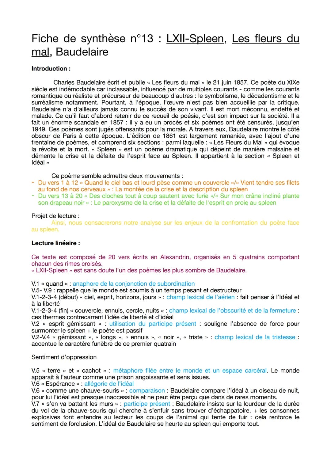 Fiche de synthèse n°13 : LXII-Spleen, Les fleurs du
mal, Baudelaire
Introduction :
Charles Baudelaire écrit et publie « Les fleurs du mal » 